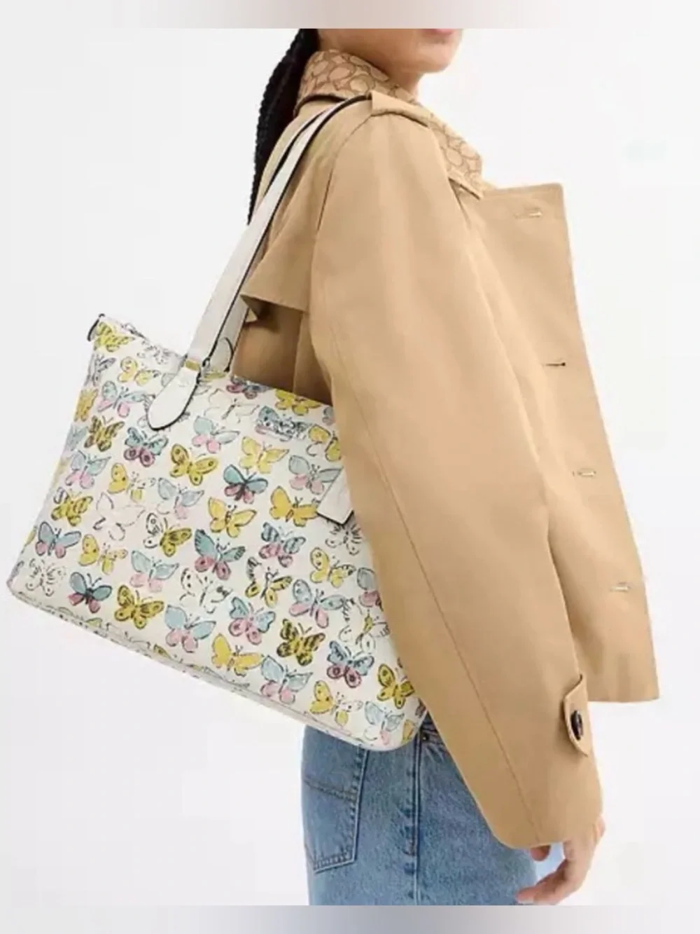NWT Coach Gallery Tote Shoulder Bag With Butterfly Print silver/yellow CAR36